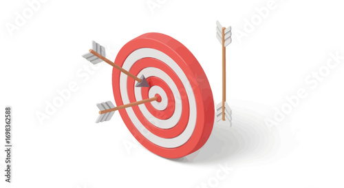 A red and white circular archery target with arrows hitting the bullseye and missing the mark.