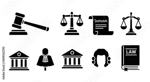 A collection of black solid glyph icons representing law, justice, and the legal system, including a gavel, scales, and a courthouse.
