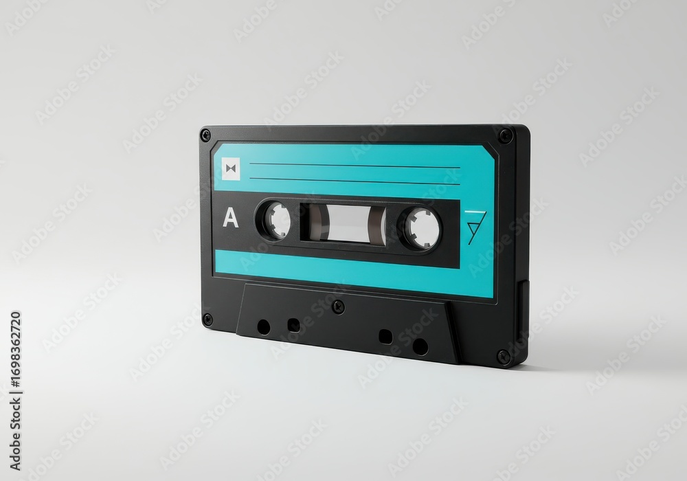 Fototapeta premium A teal-colored audio cassette tape sits prominently against a plain, light gray background.