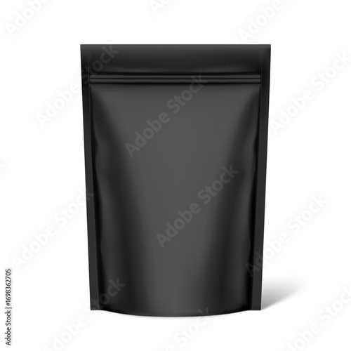 Black realistic stand up pouch bag with zip lock mockup with transparent shadow. Front view. Vector illustration isolated on white background. Ready for your design. EPS10.