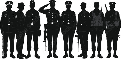 Silhouettes of Military and Police Officers in Uniform Standing with Weapons and Saluting in Black and White Vector Illustration
