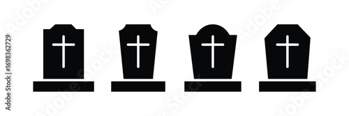 Tombstone Icon – Black Silhouette with Cross and RIP Inscription – Symbol of Death icon . Set of tombstones with different forms. Collection of gravestones. eps 10