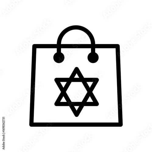 Minimalist line art icon of a shopping bag featuring the Star of David, symbolizing Judaica purchase or Jewish holiday shopping