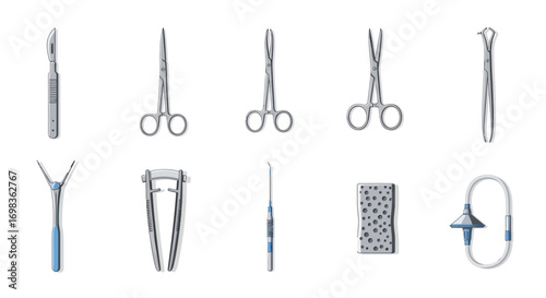 A diverse collection of stainless steel surgical instruments, including scalpels, forceps, and scissors, arranged in a grid.