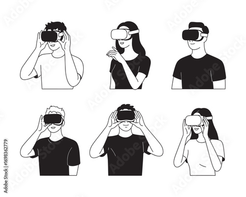Set of young people wearing virtual reality headsets for a futuristic metaverse experience. Black and white line art vector illustration