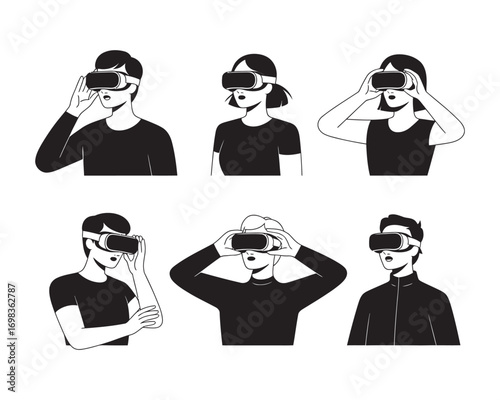 Diverse users engaging with virtual reality headsets, exploring immersive digital worlds and the future of advanced technology and entertainment