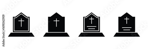Tombstone Icon – Black Silhouette with Cross and RIP Inscription – Symbol of Death icon . Set of tombstones with different forms. Collection of gravestones. eps 10