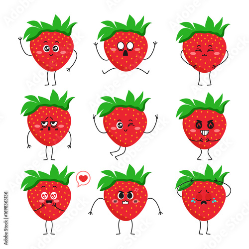 Cartoon strawberry character icon set. Strawberry mascot emoji set. Vector illustration