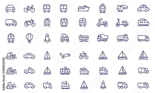 Transport icon set, linear outline vector illustration for web and mobile apps, vehicle, delivery, car, bike, train, bus, plane, ship, metro, taxi, truck, motorcycle, commute, travel design