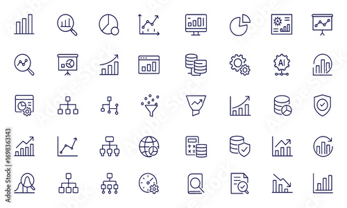 Data analytics, statistics and processing line icons set for web and mobile apps, AI, computing, database, monitoring, hosting, server, business insight, technology, cloud, dashboard, research