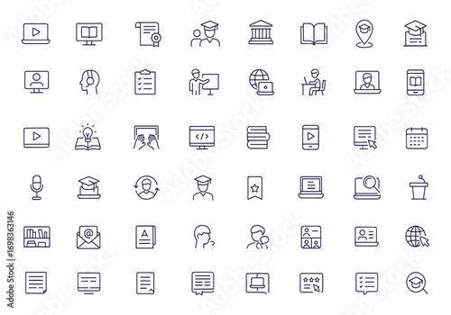 E-learning icon set, editable stroke thin line vector illustration for online education, digital learning, training, course, tutorial, study, webinar, university, knowledge, distance class,