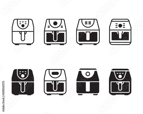 Set of air fryer icons in line and solid styles. Vector graphic illustration of a modern kitchen appliance for healthy cooking