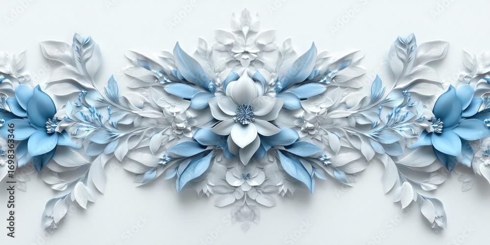 Obraz premium 3D wallpaper with a white background, featuring a symmetrical pattern of navy blue and cream-colored flowers, leaves, and vines.