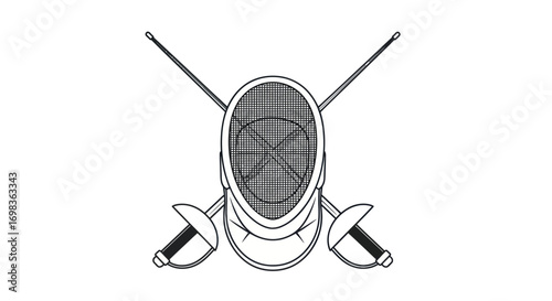 Fencing Mask and Crossed Foils Line Art Illustration.