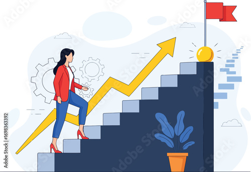 Business woman achieves career goals and climbs ladder of success to a brighter future on top