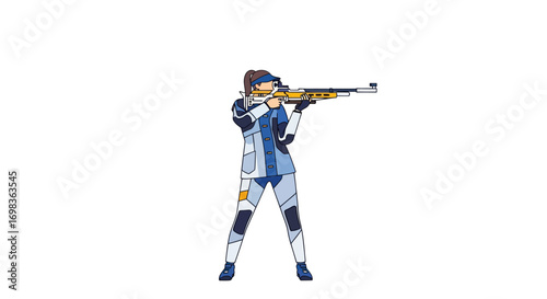 Female rifle shooter in a blue and white uniform taking aim during a competition.