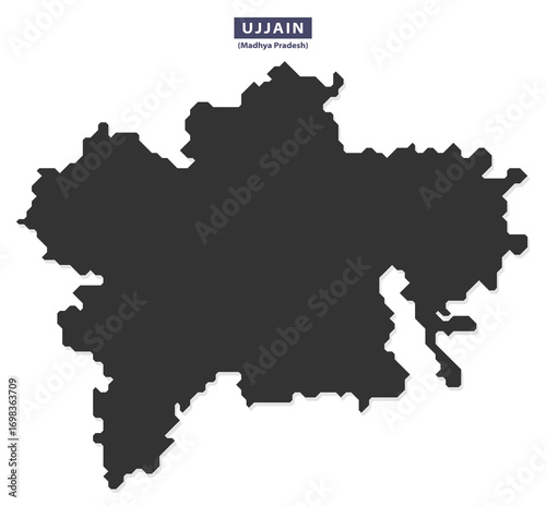 Ujjain city map silhouette vector for tourism guides, educational charts, and infographics, clean black outline on white background, editable layout file