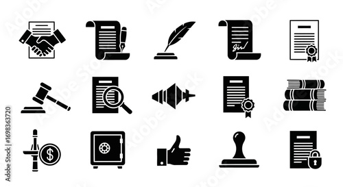 Set of black glyph icons for law, justice, and legal agreements, including gavel, contract, and seal.