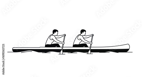 Two People Rowing a Long Canoe on Water.