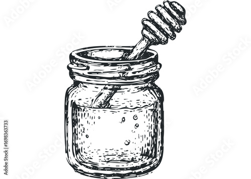 Hand drawn jar of honey with dipper on transparent background