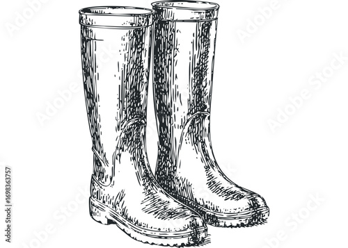 Pen and ink sketch of tall rubber boots with textured surface on transparent background