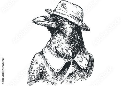 Hand drawn crow wearing a hat and trench coat on transparent background