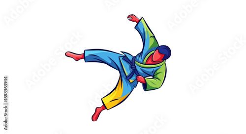 Dynamic Colorful Martial Artist Performing High Kick Illustration.