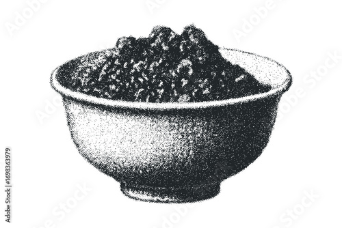 Stippled close up of a bowl filled with small dark seeds