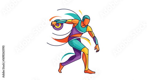 Colorful Abstract Illustration of a Discus Thrower in Action.
