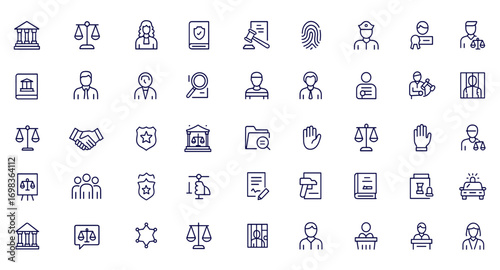 Law and Justice Icon Set, Linear Outline Style for Web and Mobile Apps, Court, Legal, Judge, Lawyer, Criminal, Verdict, Police, Trial, Prison, Documents, Vector Illustration, Legal Rights