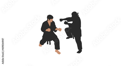 Two martial artists engaged in a dynamic karate sparring match one in silhouette.