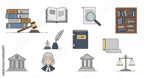 Collection of Law and Justice Icons - Books, Gavel, Scales, Judge.