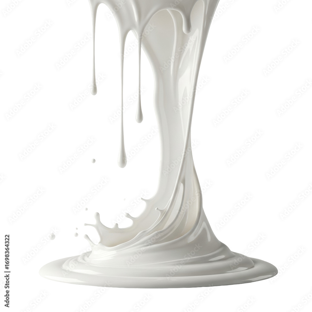 Obraz premium Thick, glossy white sugar glaze, drizzled mid-air with dynamic trails and droplets, dramatic backlighting on a transparent seamless background, frozen liquid culinary art concept