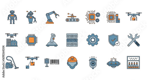 Colorful hand-drawn icon set featuring robotics, AI, drones, and industrial automation technology.