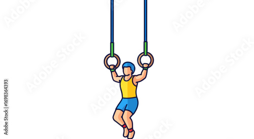 Cartoon male athlete in athletic wear performing a workout on gymnastic rings.