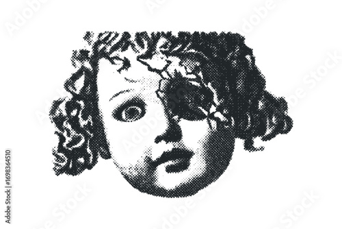 Halftone dot portrait of a young person with curly hair and a surprised expression