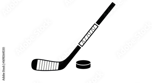 Ice Hockey Stick and Puck Black and White Illustration.
