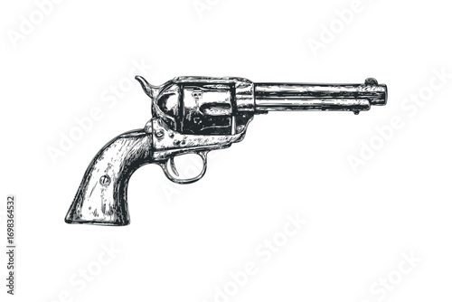 Hand drawn sketch of a vintage revolver on a white background