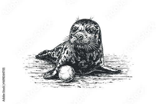 Young seal with ball on wood surface, monochrome sketch