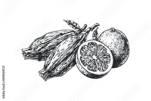 Hand drawn sketch of whole and halved citrus fruit with leaves