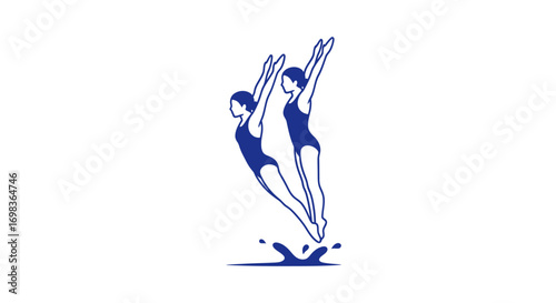 Two Female Swimmers Diving into Water Blue Silhouette.