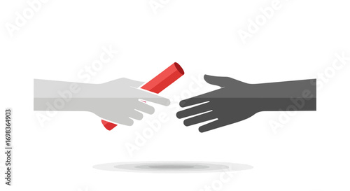 A white hand passing a red relay race baton to a black hand symbolizing teamwork and transition.