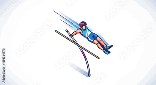 Pole Vaulter in Mid-Air Dynamic Athletic Pose.