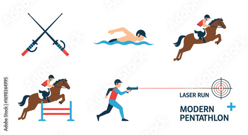 Modern Pentathlon Icons: Fencing Swimming Equestrian Shooting and Laser Run.