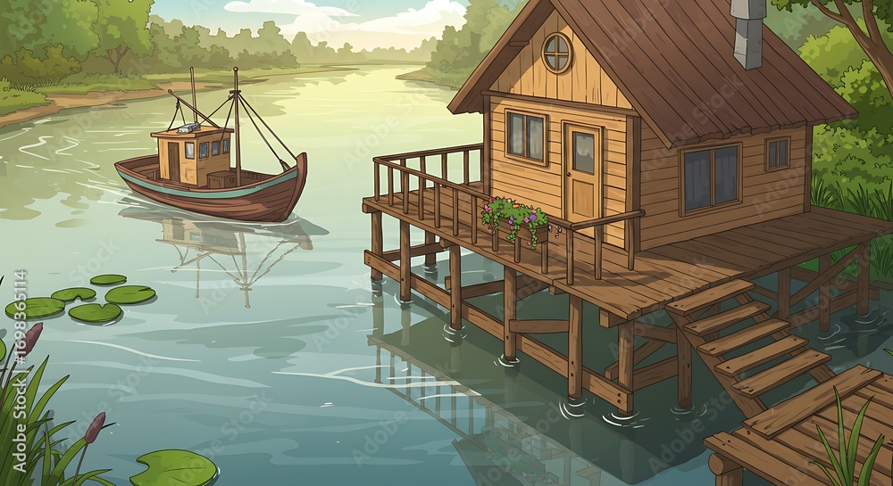 Fototapeta premium Illustration of a serene river landscape featuring a rustic cabin, a pier, and a boat amidst a green forest