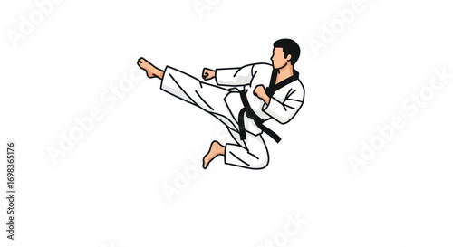 Dynamic illustration of a male martial artist with a black belt performing a flying side kick.