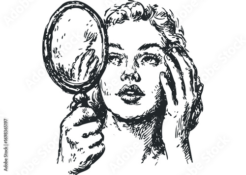 Woman examining face with handheld mirror, sketch