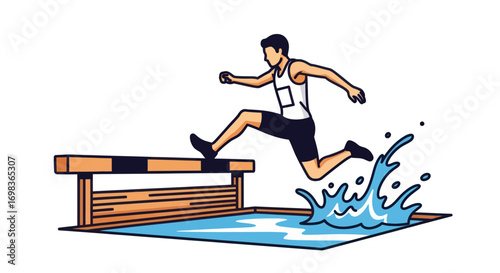 Athlete Leaping Over Hurdle into Water Pit in Steeplechase Competition.