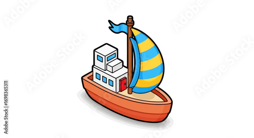 Cartoon sailboat with blue and yellow striped sail and white cabin.