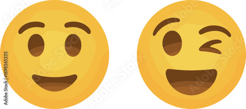 Smiley face emoji illustration, neutral and winking expressions, yellow emoticons, digital communication symbols, playful mood icons, black white background design
